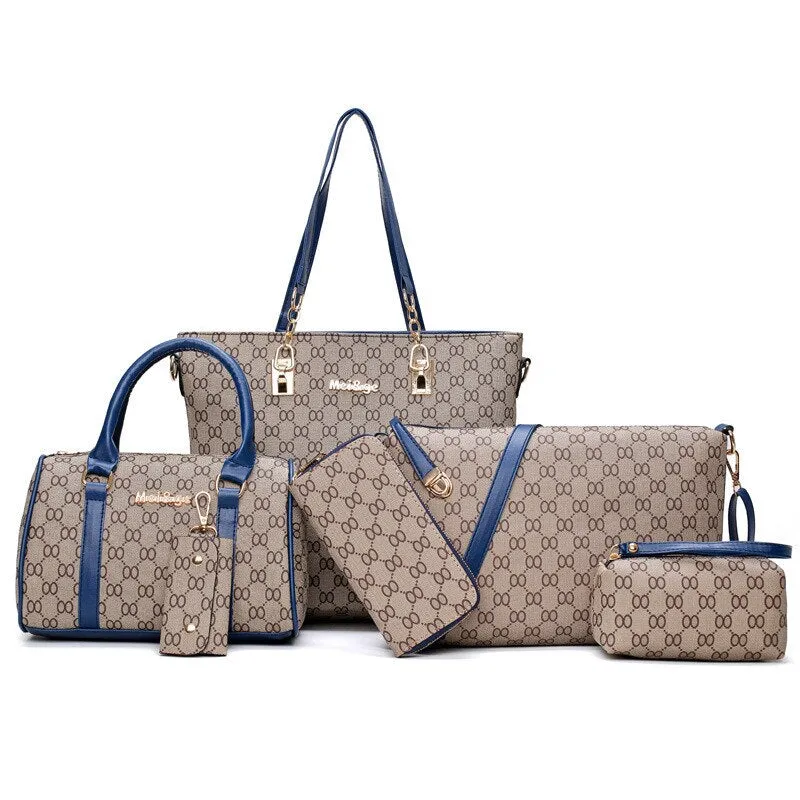 6PCS Women Tote Set Fashion PU Leather Ladies Handbag Print Messenger