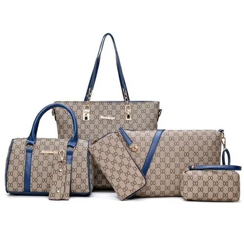 6PCS Women Tote Set Fashion PU Leather Ladies Handbag Print Messenger