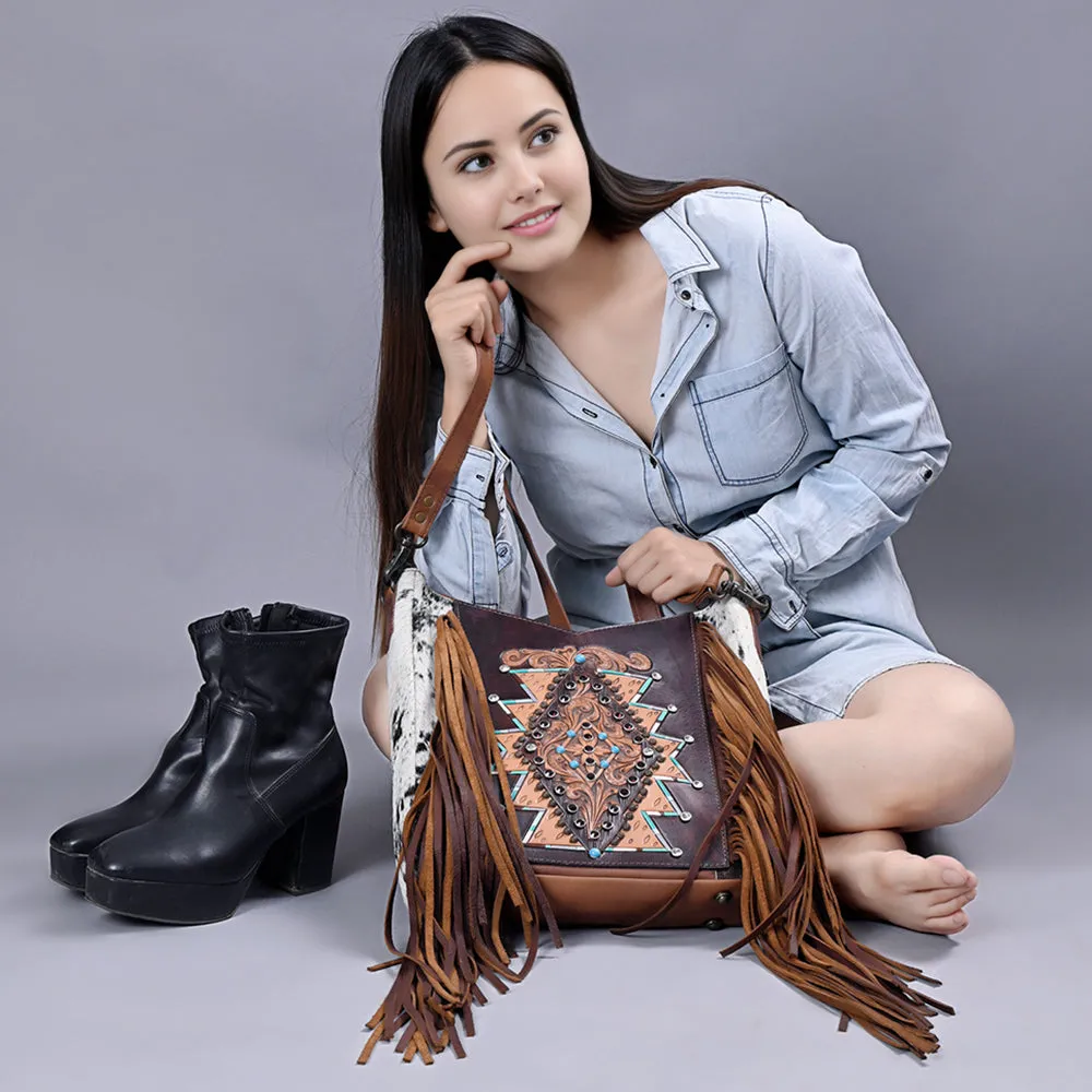 ADBG1219 American Darling Hand Tooled Hair On Genuine Leather Women Bag Western Handbag Purse