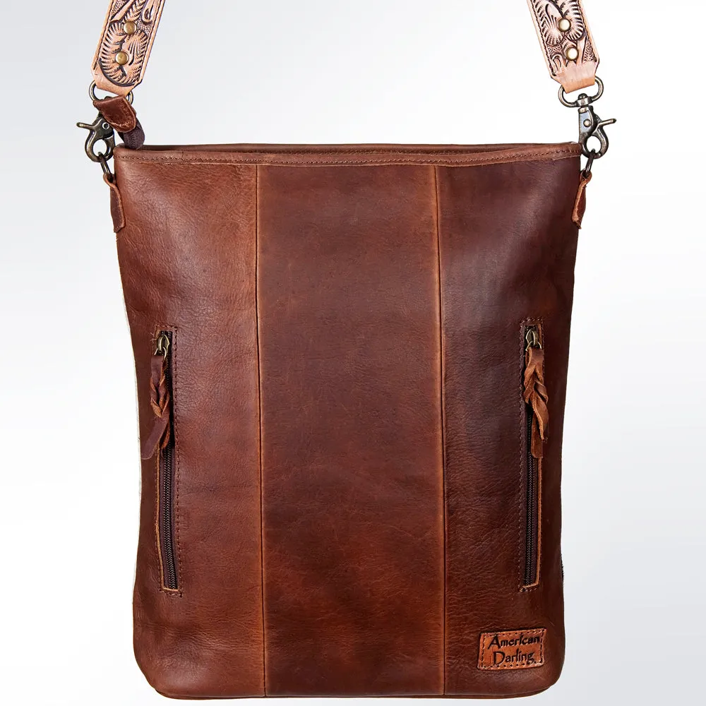 ADBG348BRWBR American Darling Hand Tooled Hair On Genuine Leather Women Bag Western Handbag Purse