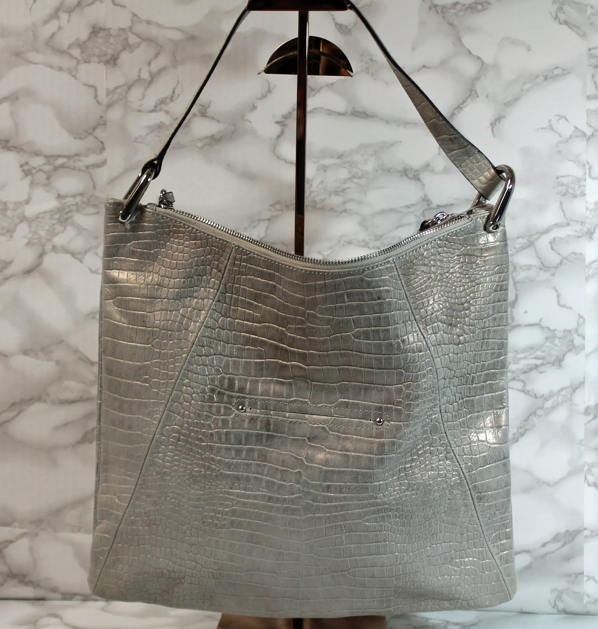 Aimee Kestenberg Purse: Grey Distressed Leather Hobo Shoulder Handbag
