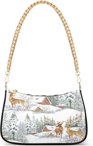 Animal Deer Winter Shoulder Handbags for Women Travel Hobo Tote Handbag Women Gold Chain Shoulder Bags Purse with Zipper Closure