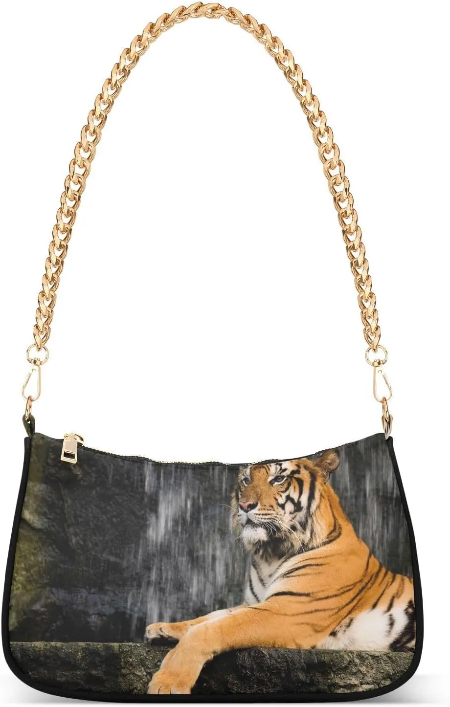 Animal Tiger Shoulder Handbags for Women Travel Hobo Tote Handbag Women Gold Chain Shoulder Bags Purse with Zipper Closure