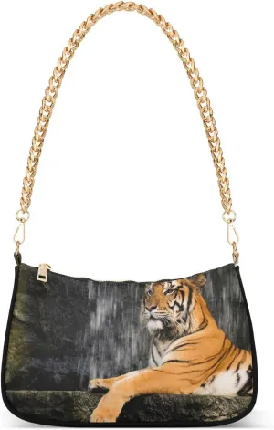 Animal Tiger Shoulder Handbags for Women Travel Hobo Tote Handbag Women Gold Chain Shoulder Bags Purse with Zipper Closure