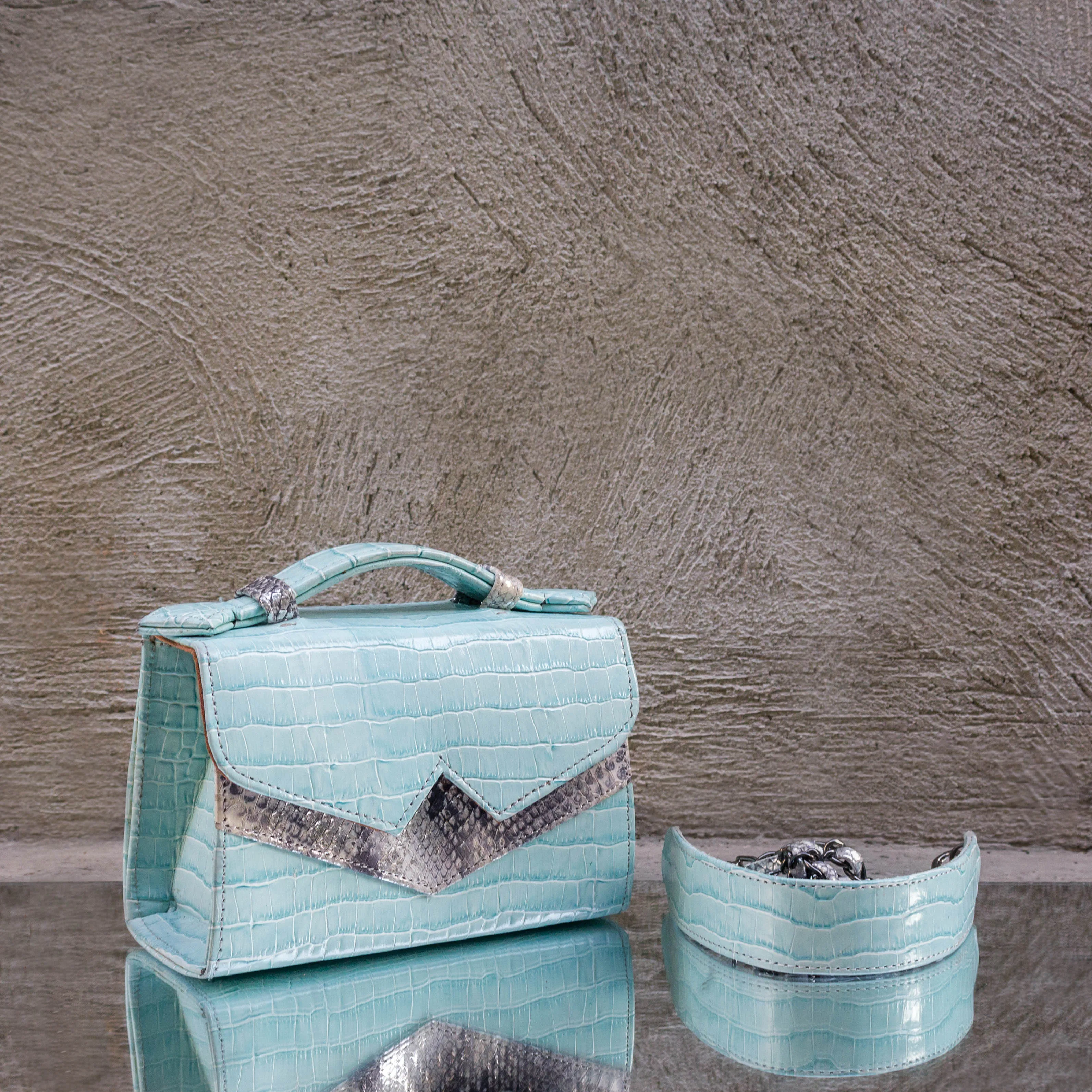 Aquamarine Crocodile Print Handbag
