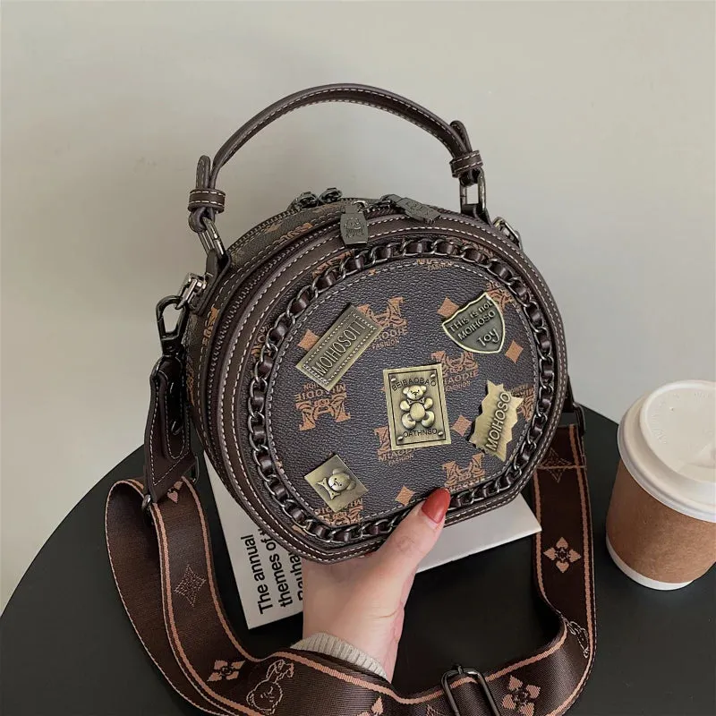 Badge Bear Pattern Round Bag: Casual Fashion Crossbody