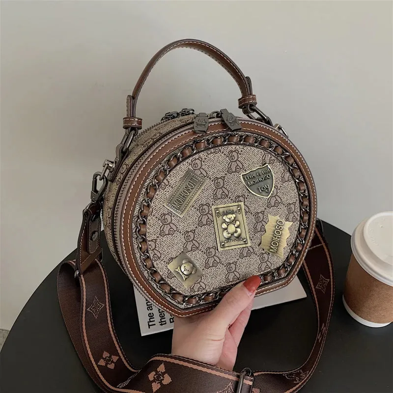Badge Bear Pattern Round Bag: Casual Fashion Crossbody