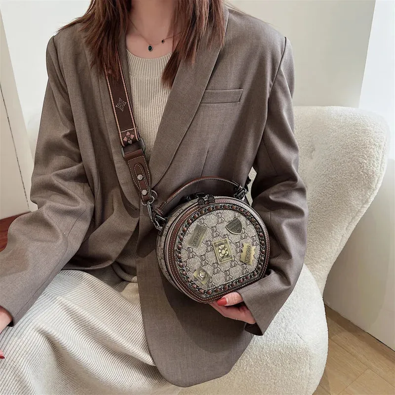 Badge Bear Pattern Round Bag: Casual Fashion Crossbody