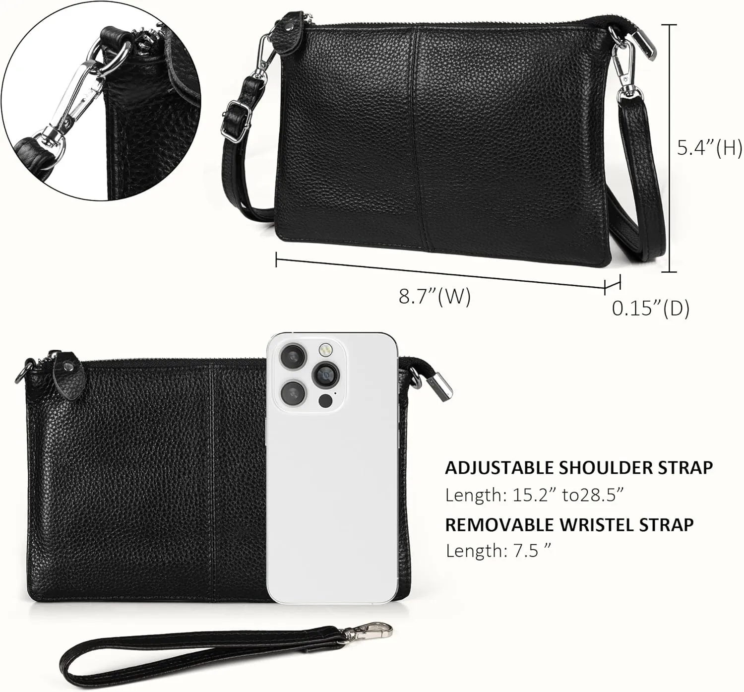 befen Genuine Leather Women's Shoulder Bag Small Clutch RFID Blocking Handbag Women's Leather Crossbody Bag with Zip and Shoulder Strap & Wrist Strap, black, S, Contemporary