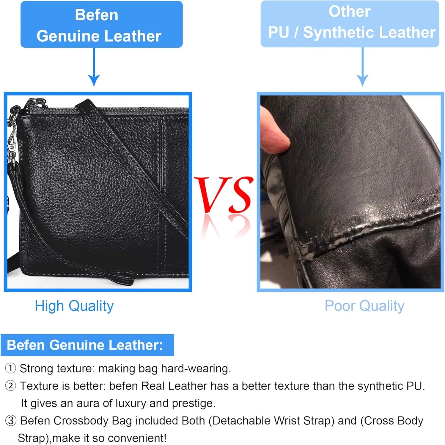 befen Genuine Leather Women's Shoulder Bag Small Clutch RFID Blocking Handbag Women's Leather Crossbody Bag with Zip and Shoulder Strap & Wrist Strap, black, S, Contemporary