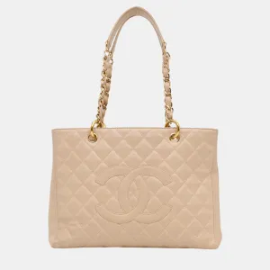 Beige Caviar Leather Grand Shopping Tote Bag
