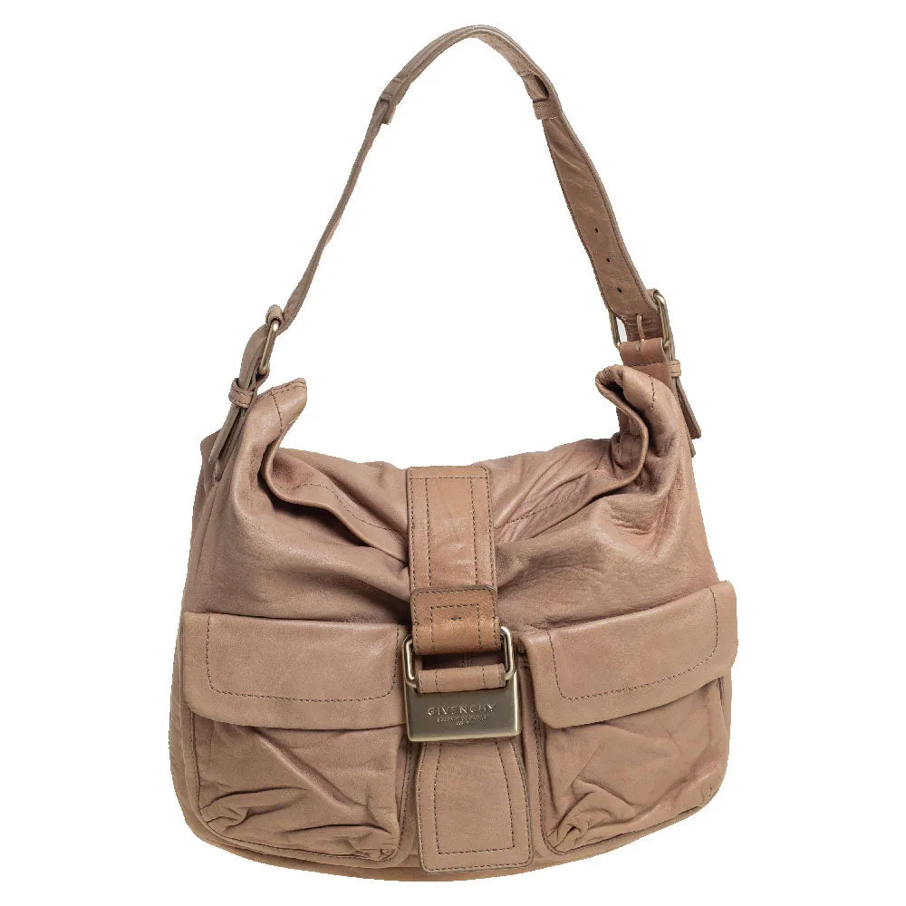 Beige Leather Front Pocket Hobo