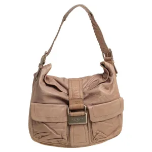 Beige Leather Front Pocket Hobo