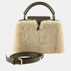 Beige Leather Mink Fur Capucines BB Top Handle Bags