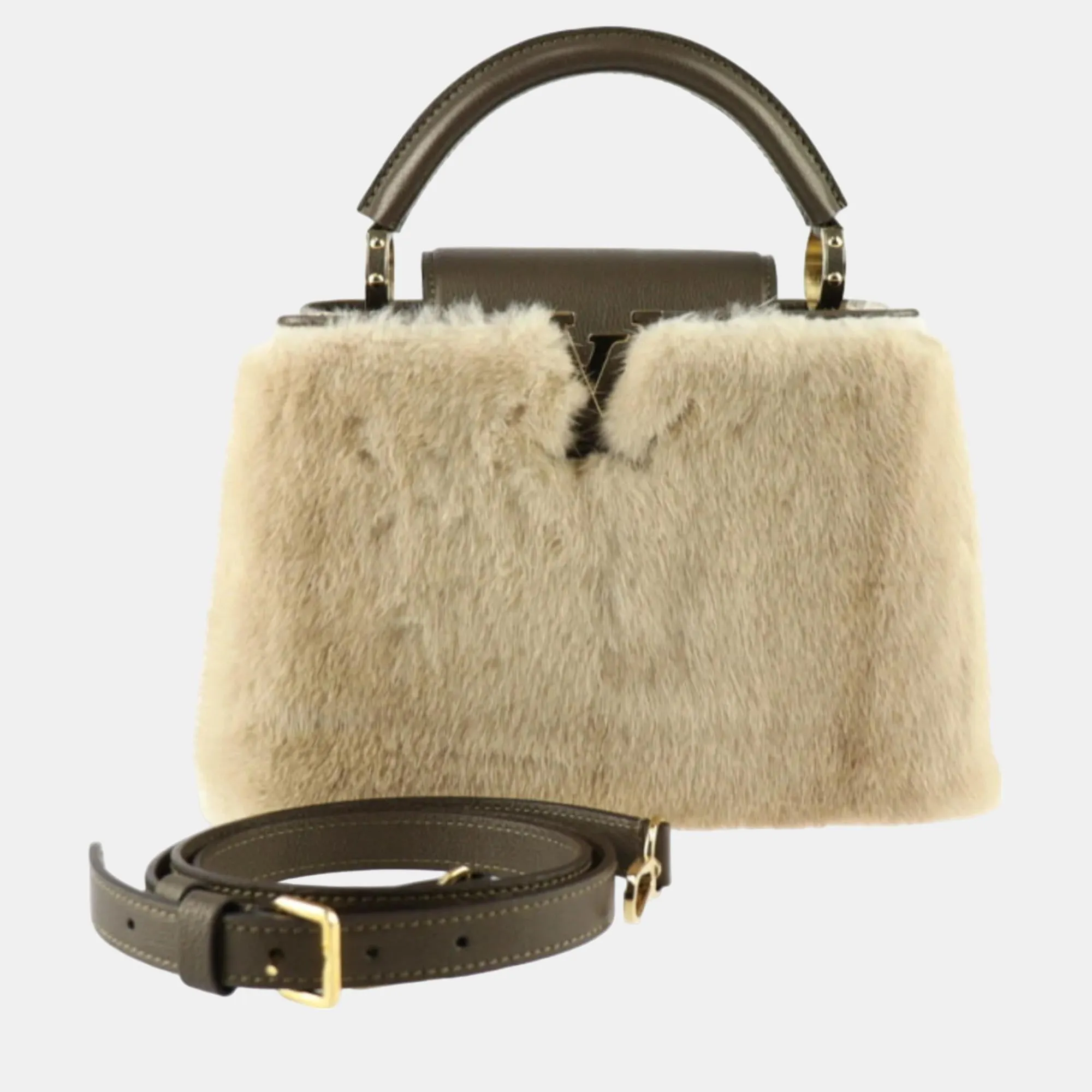 Beige Leather Mink Fur Capucines BB Top Handle Bags