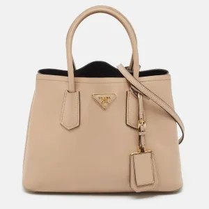 Beige Saffiano Cuir Leather Double Handle Tote