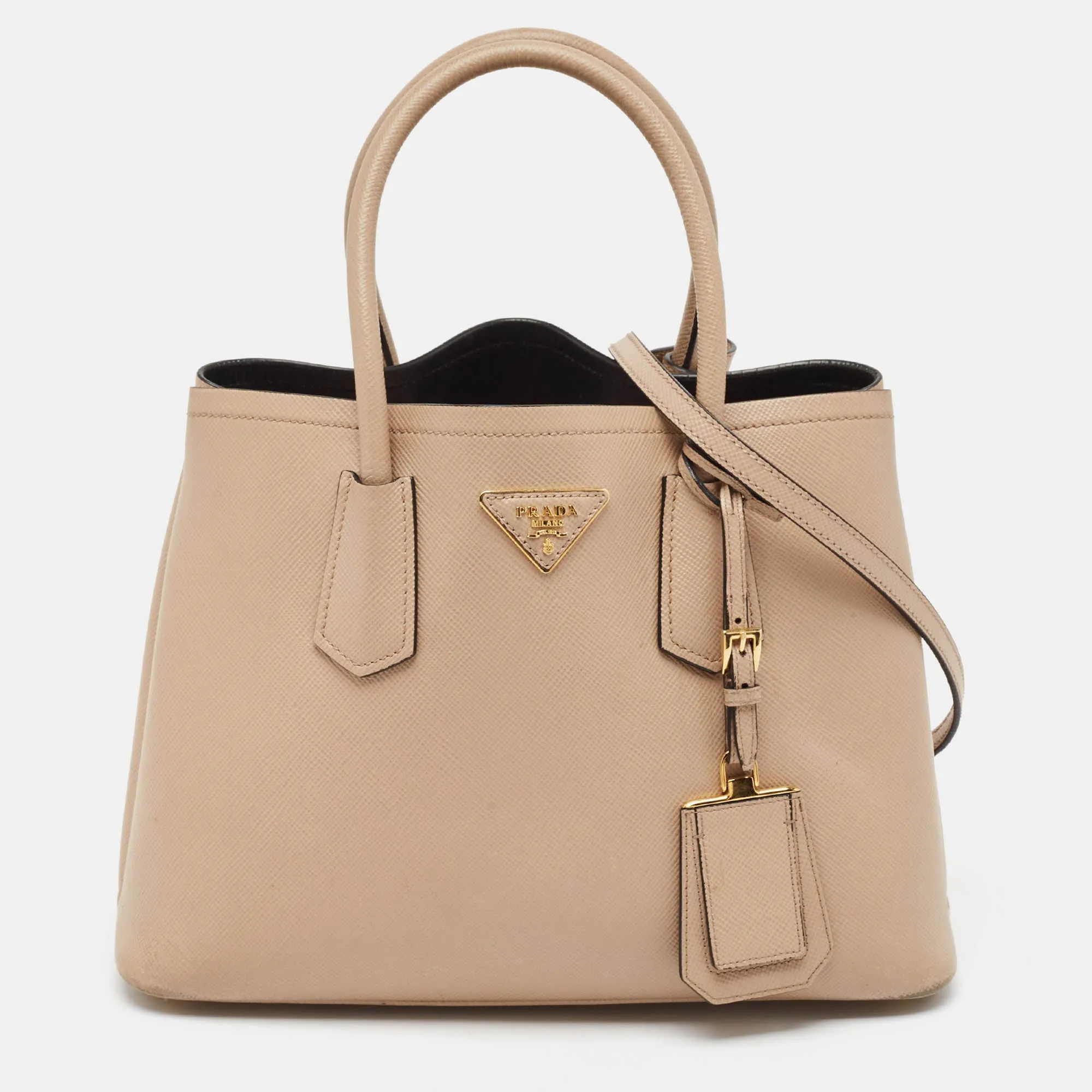 Beige Saffiano Cuir Leather Double Handle Tote