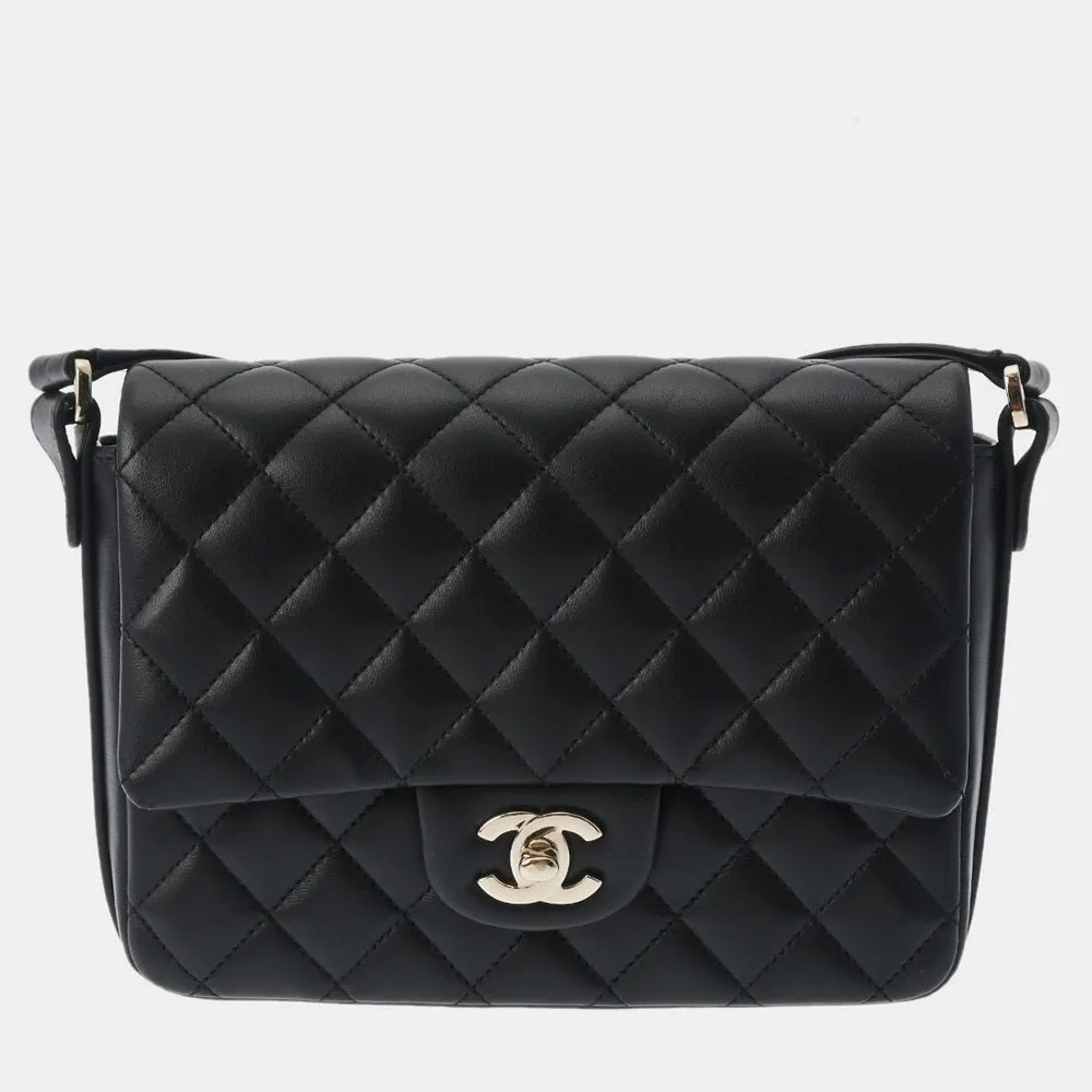 Black Calfskin Leather Ruffle Quilted Flap Bag Shoulder Bag