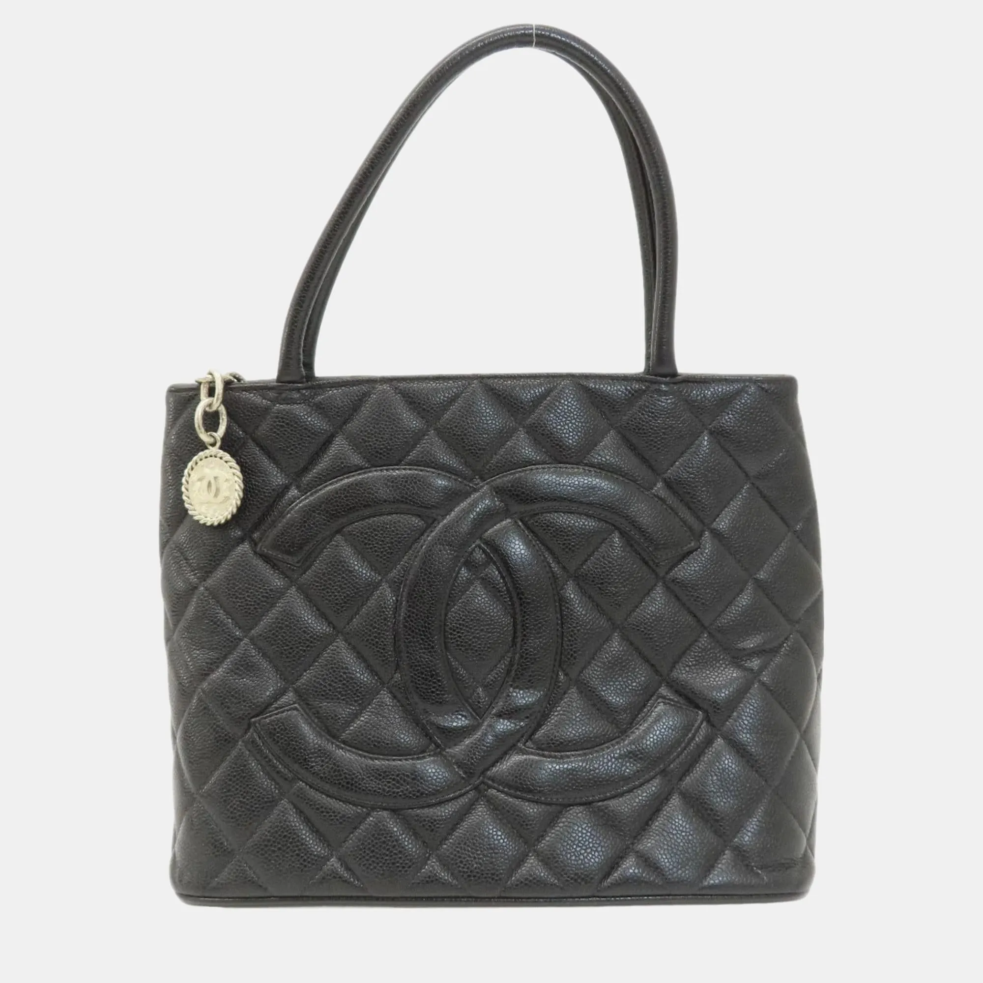Black Caviar Leather  Medallion Tote Bag