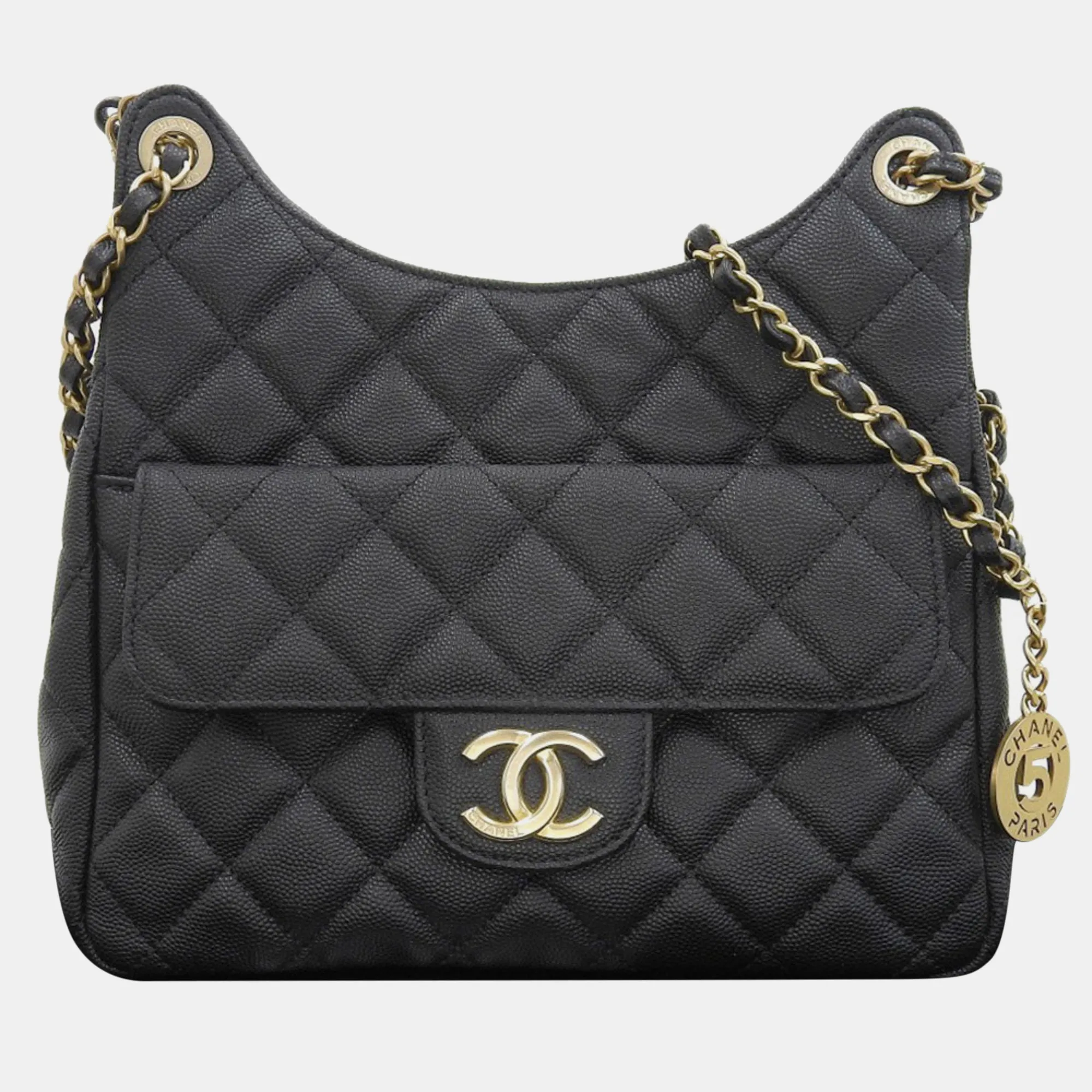 Black Caviar Quilted Wavy CC Hobo Bag