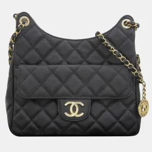 Black Caviar Quilted Wavy CC Hobo Bag