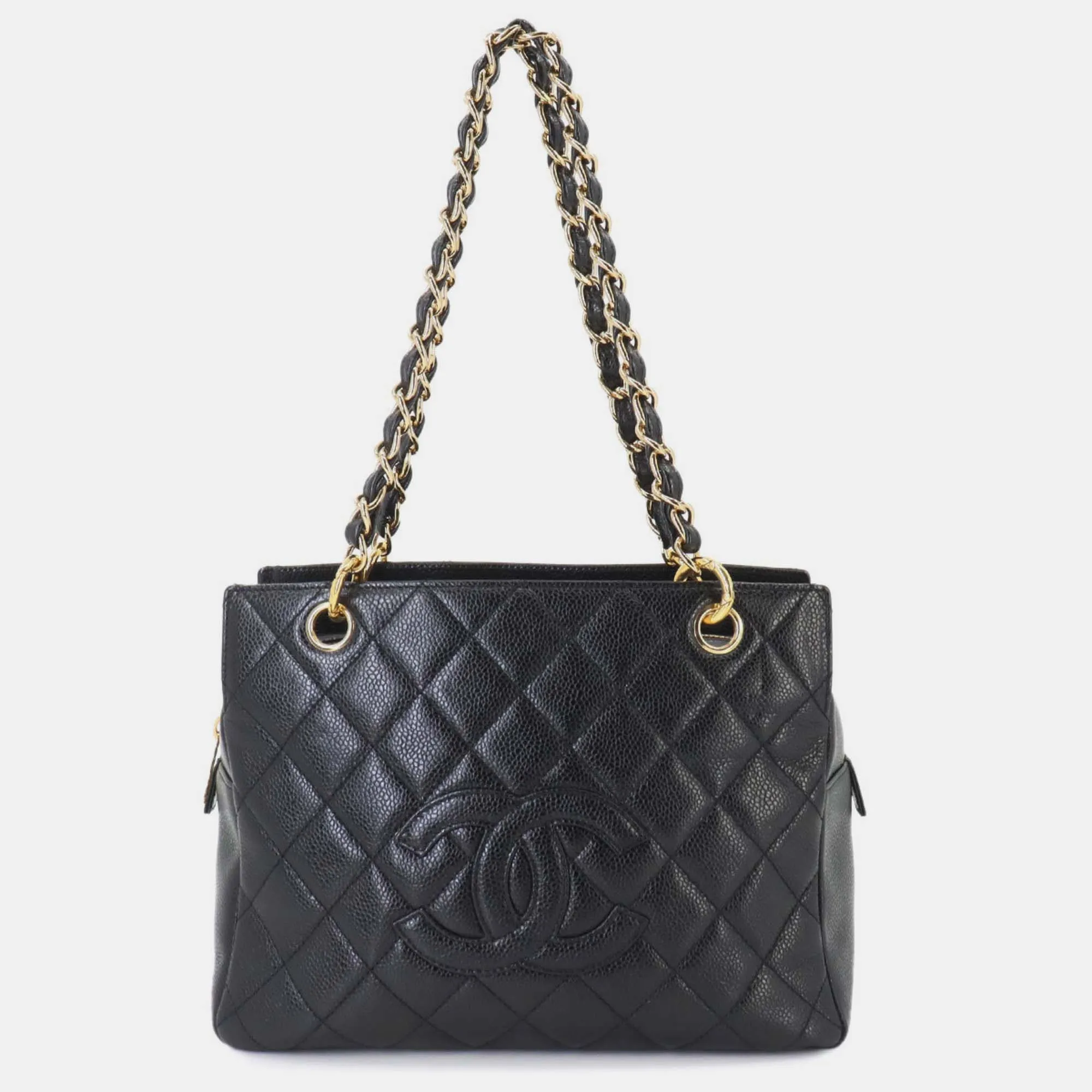 Black Caviar Skin Leather Matelasse Chain Shoulder Bag