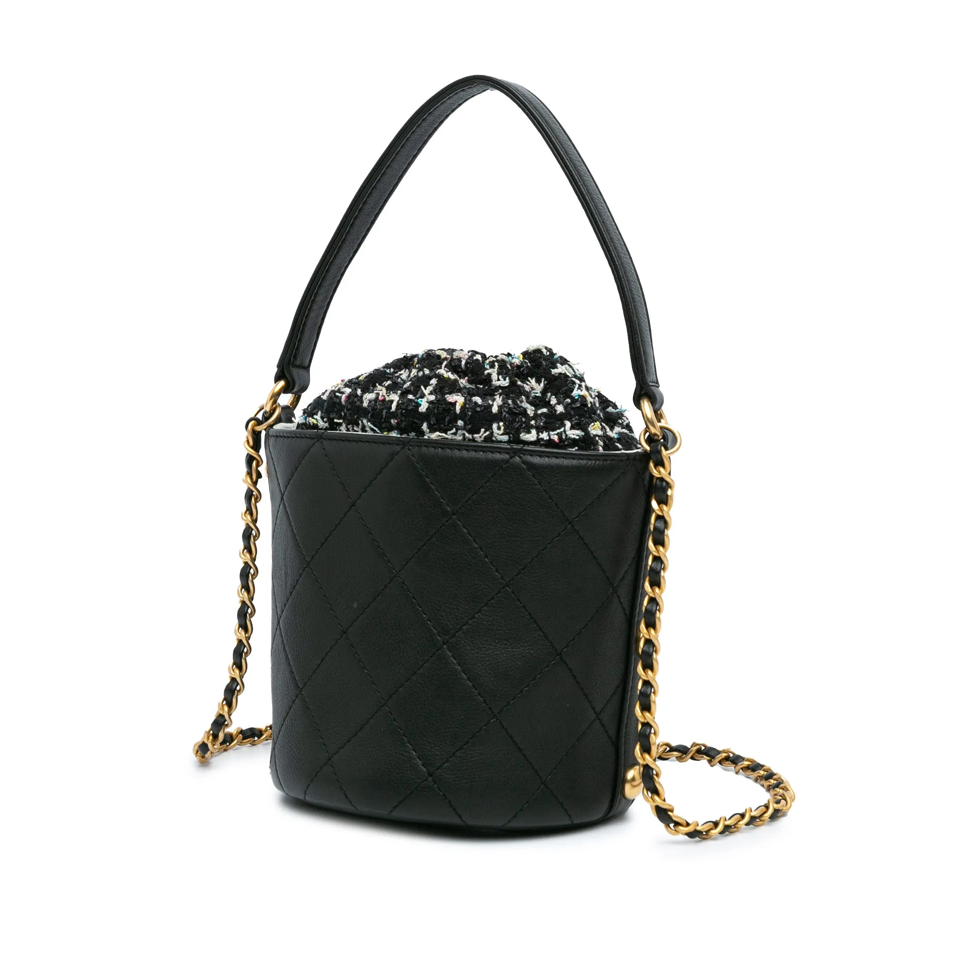 Black Chanel Small CC Calfskin and Tweed Drawstring Bucket Bag Satchel
