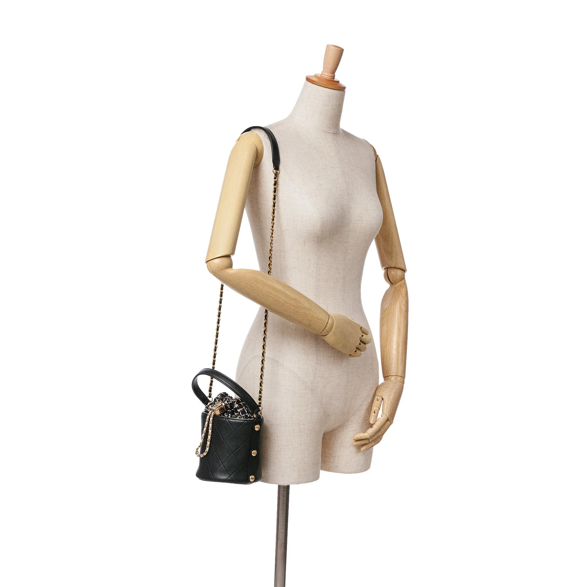 Black Chanel Small CC Calfskin and Tweed Drawstring Bucket Bag Satchel