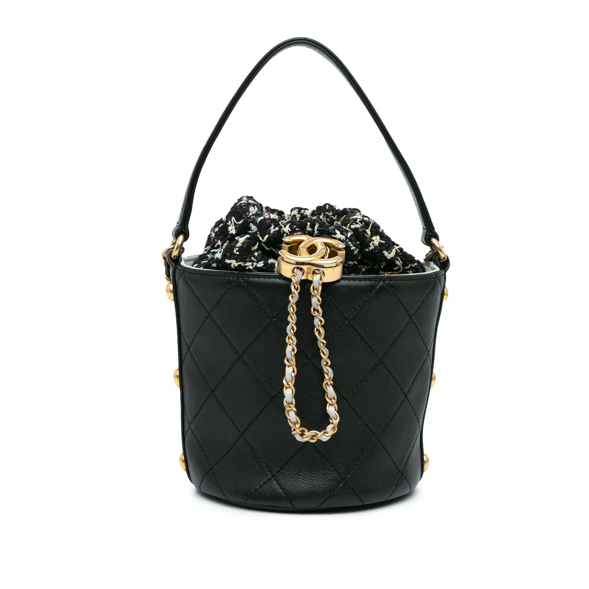 Black Chanel Small CC Calfskin and Tweed Drawstring Bucket Bag Satchel