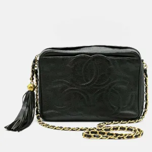 Black Gold Caviar Skin Leather Triple Coco Mark Bag