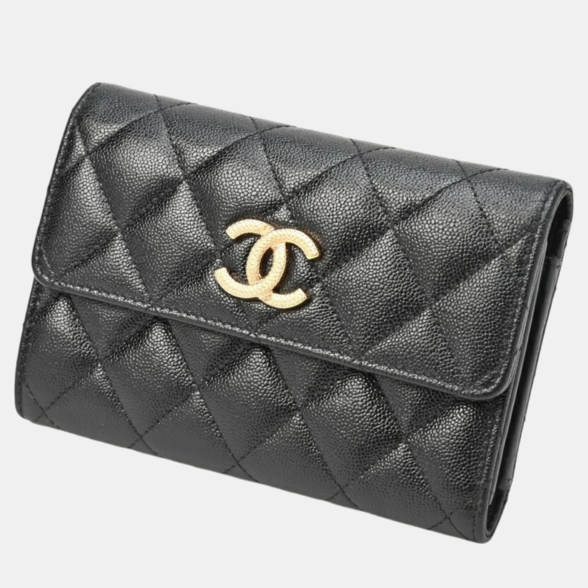 Black Gold Caviar Skin Matelasse Medium Flap Wallet