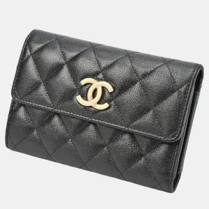 Black Gold Caviar Skin Matelasse Medium Flap Wallet