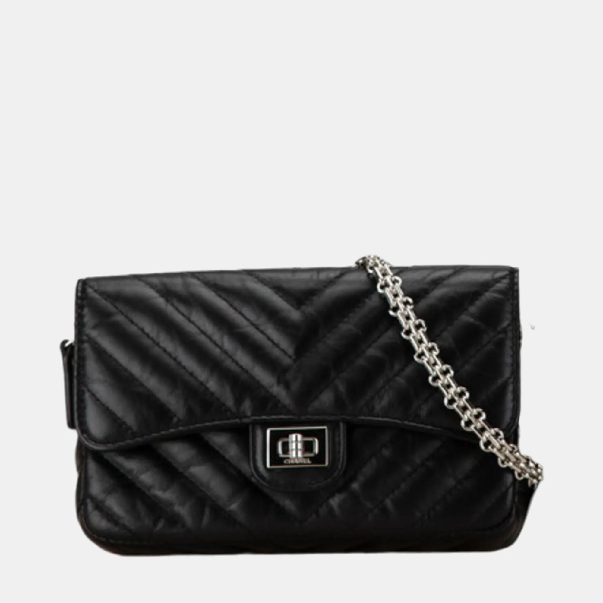 Black Lambskin Chevron V-stitch Chain Shoulder Bag