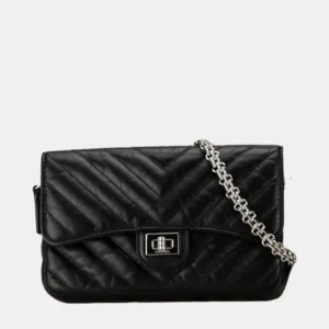 Black Lambskin Chevron V-stitch Chain Shoulder Bag