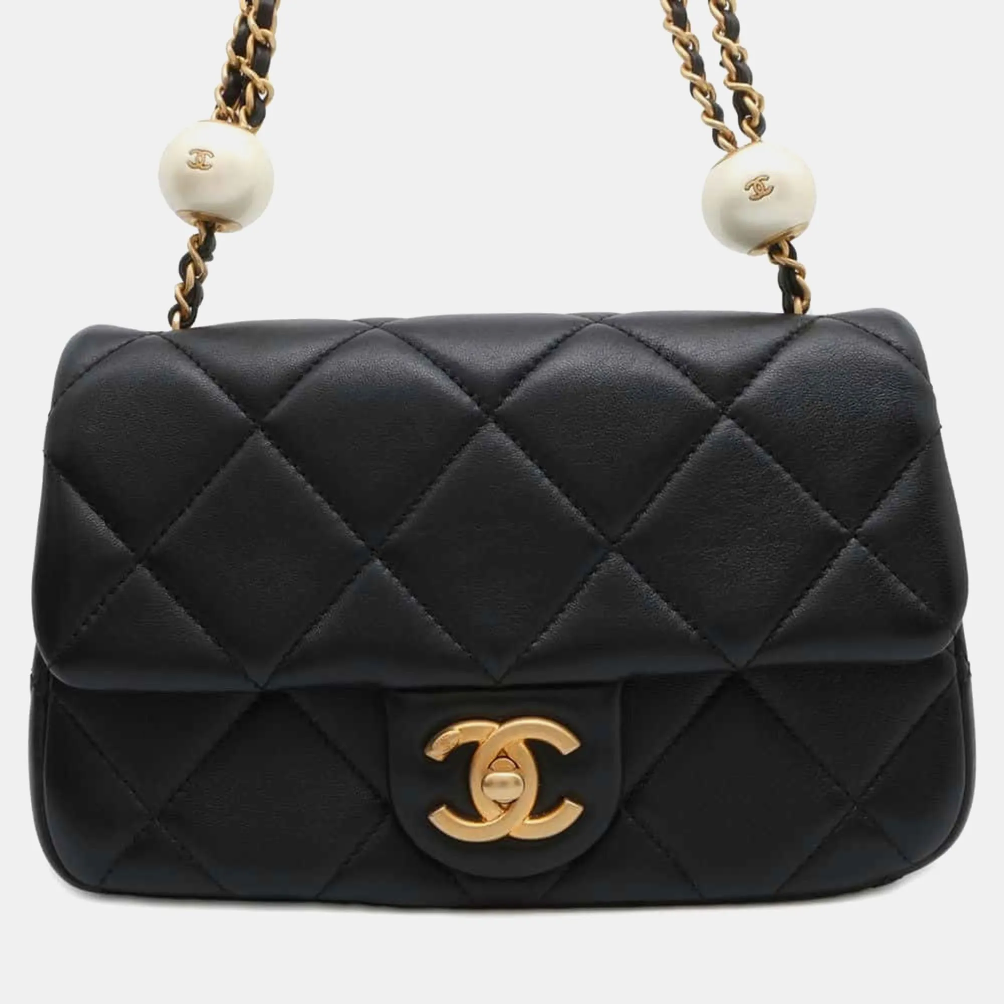 Black Lambskin Faux Pearl Matelasse Small Ball Flap Bag