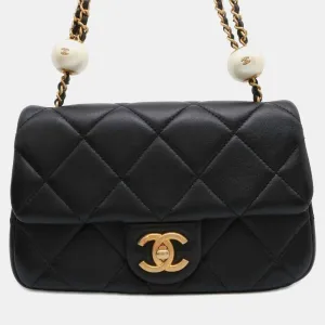 Black Lambskin Faux Pearl Matelasse Small Ball Flap Bag