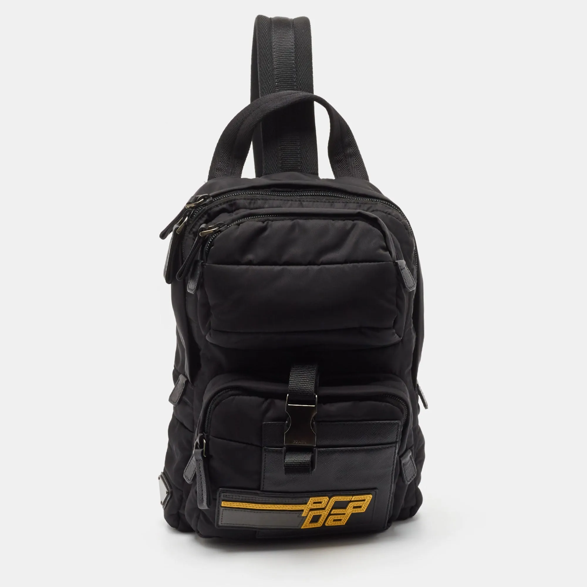 Black Leather and Nylon Racing Logo Sling Backpack