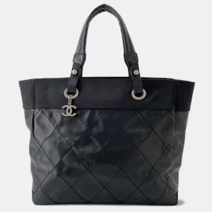 Black Leather Canvas Paris-Biarritz Tote Bag Size MM