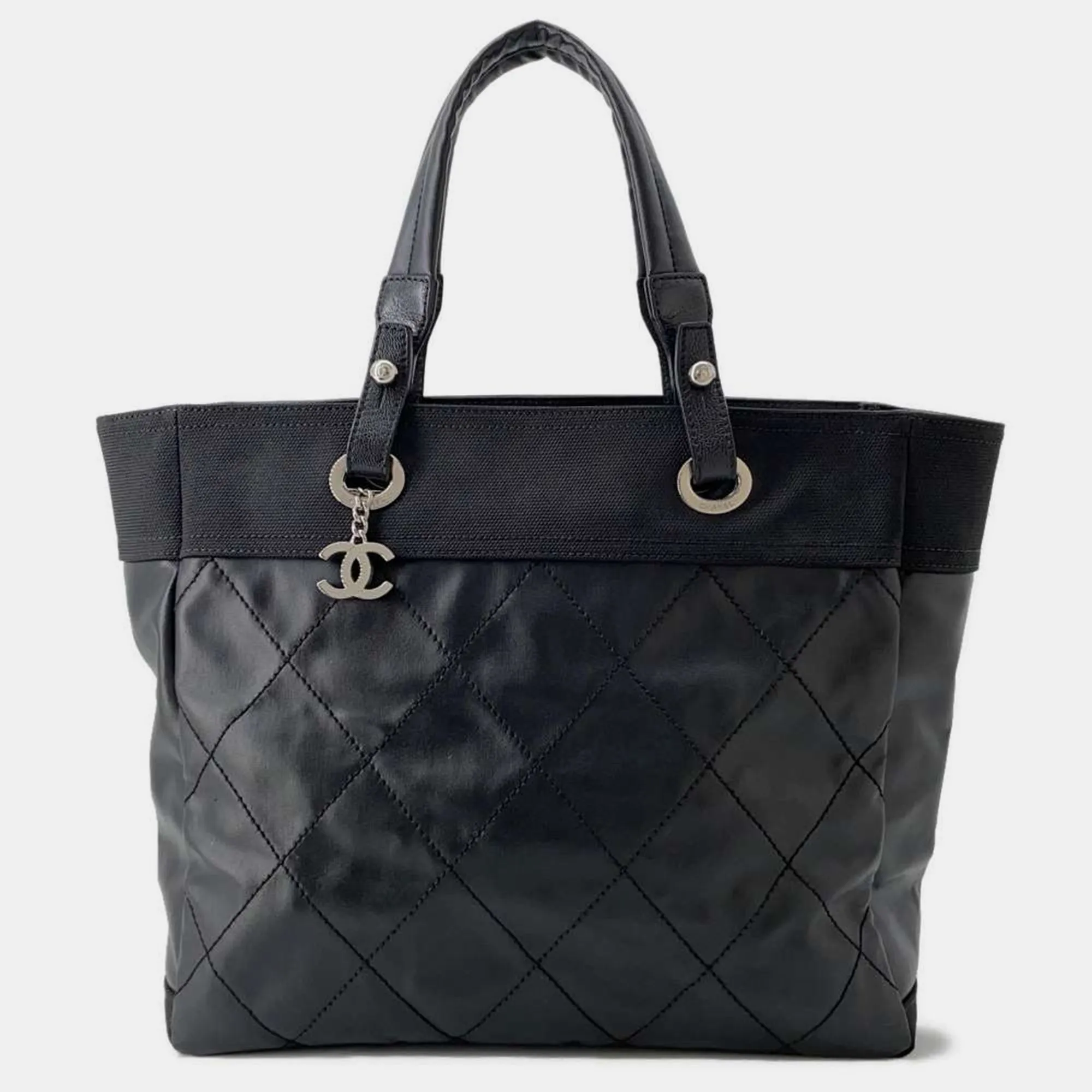 Black Leather Canvas Paris-Biarritz Tote Bag Size MM