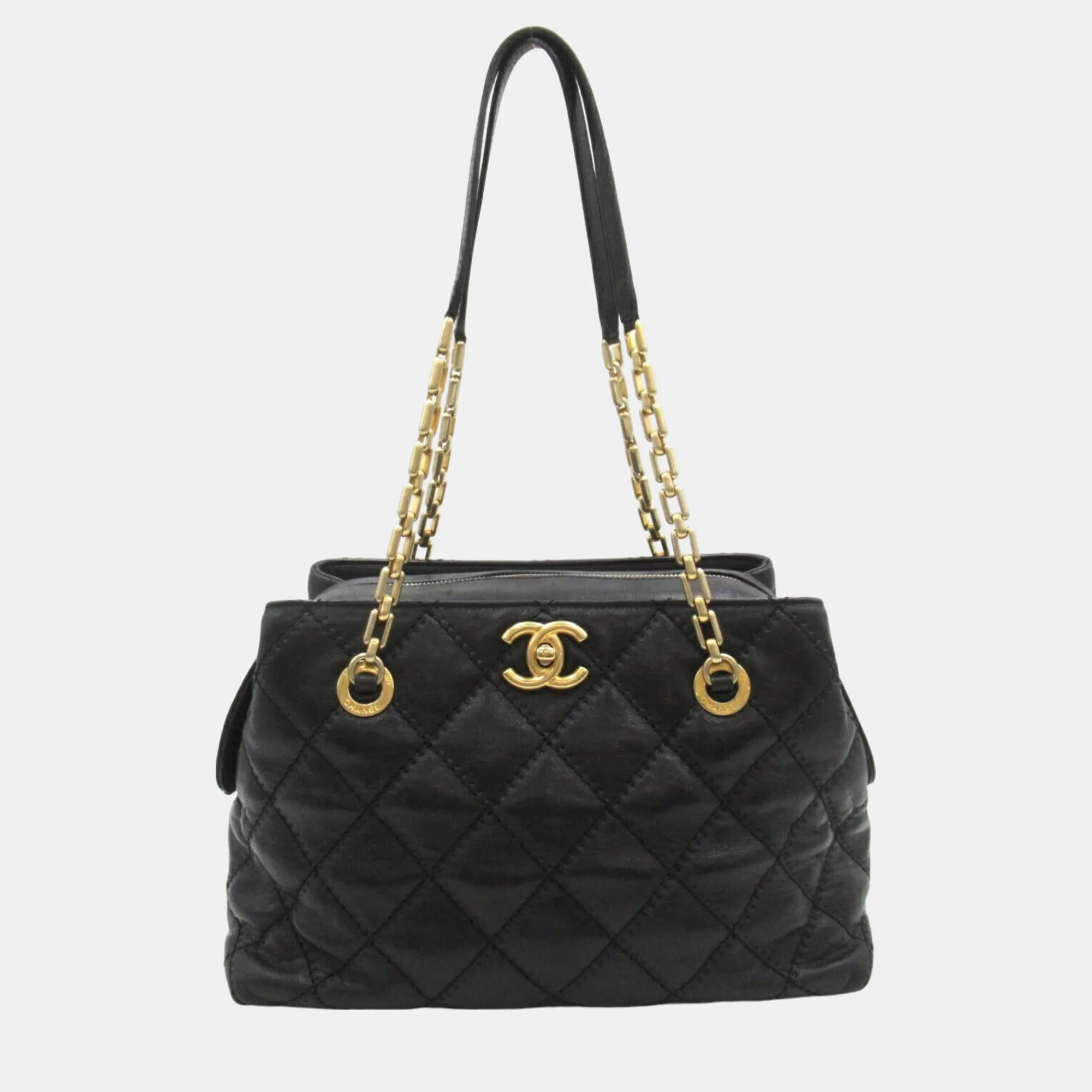 Black Leather Chain Tote Bag