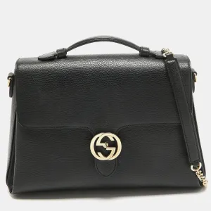 Black Leather Doller Interlocking G Top Handle Bag