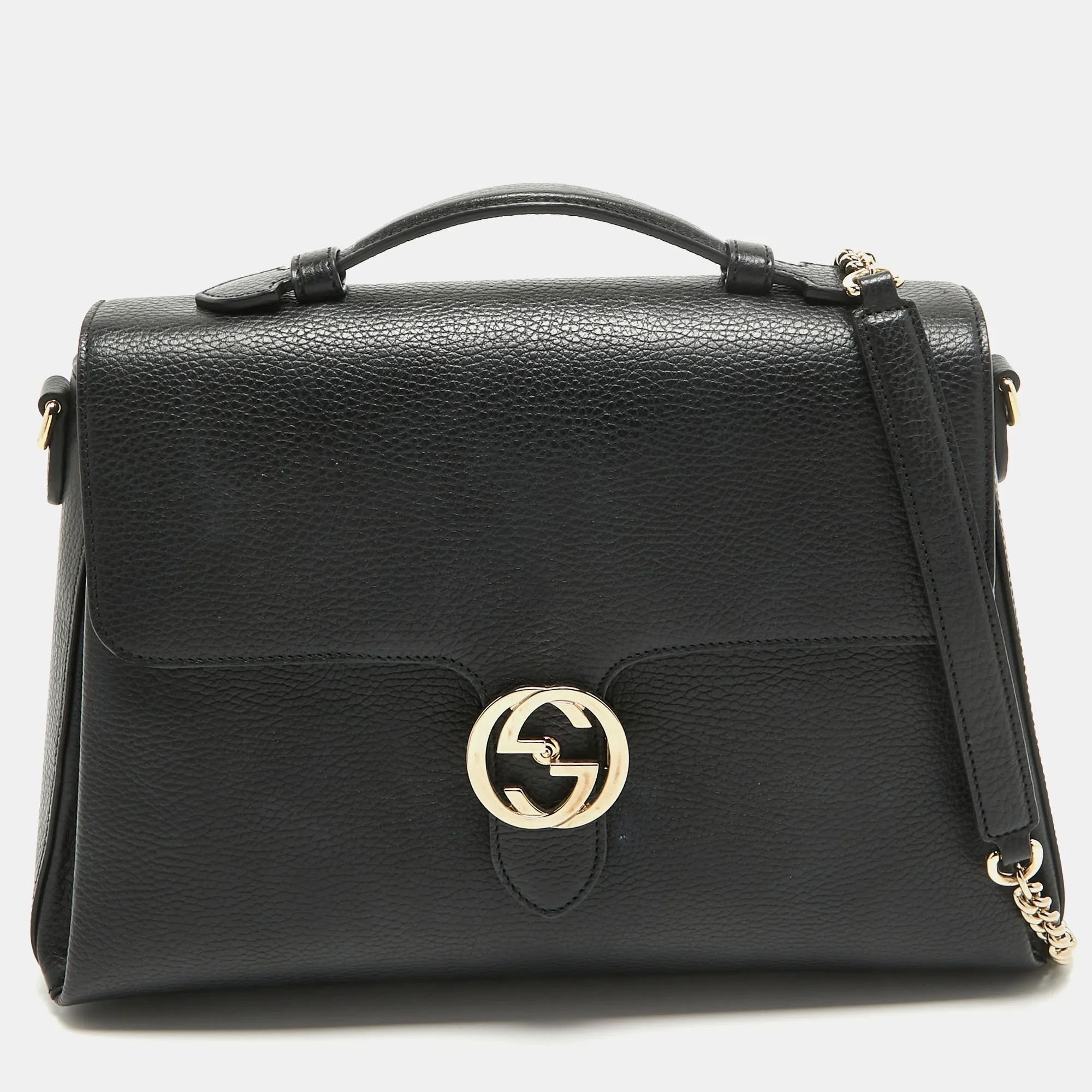 Black Leather Doller Interlocking G Top Handle Bag