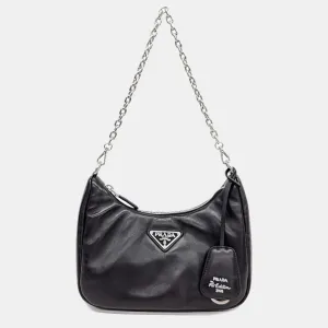 Black Leather Tessuto Padded Hobo Bag
