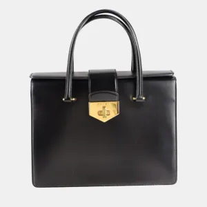 Black Leather Turn-Lock Flap Tote Bag