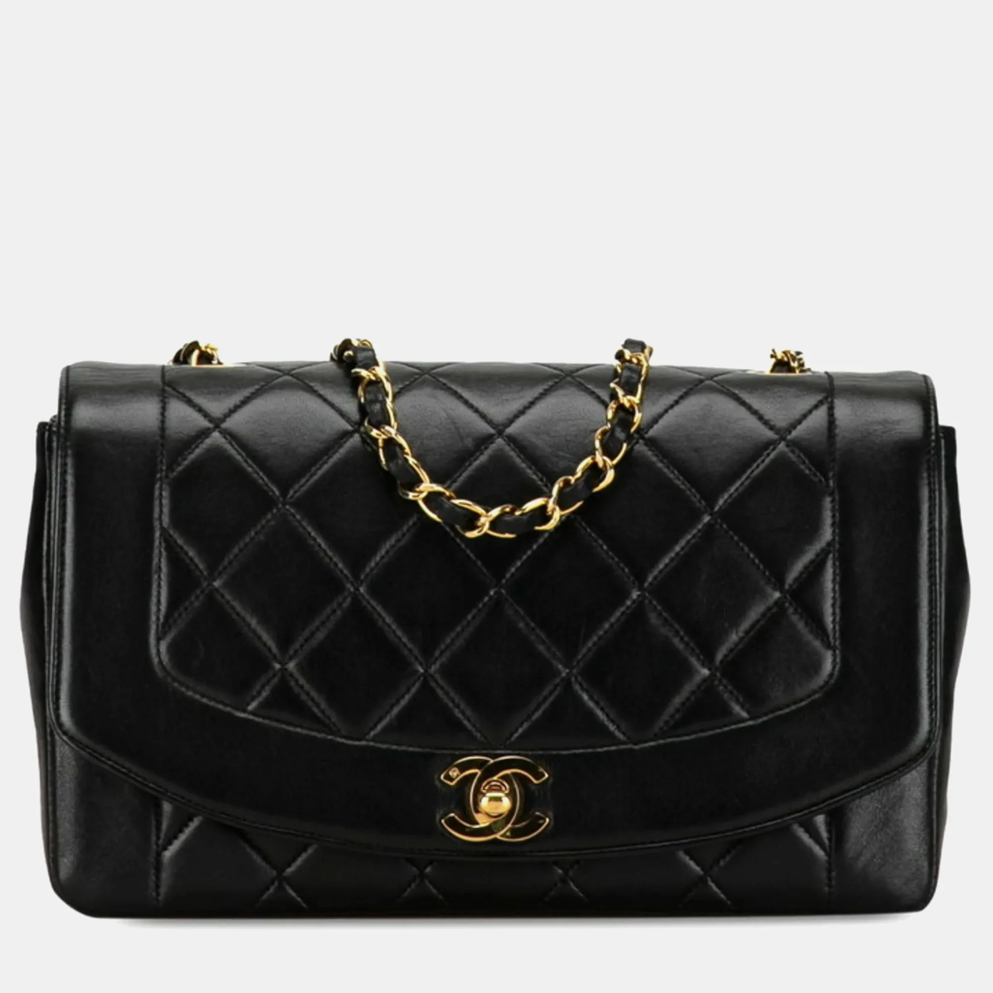 Black Leather Vintage Diana Flap Shoulder Bag