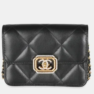 Black Quilted Calfskin Leather Strass Mini CC Flap Bag