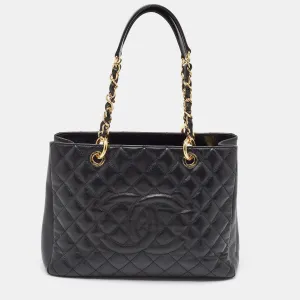 Black Quilted Caviar Leather Grand Shopper Tote