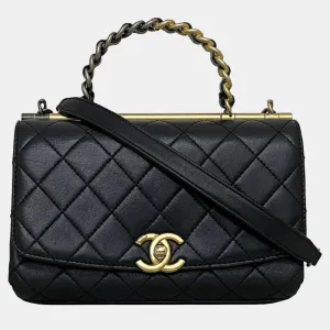 Black Quilted Lambskin Leather Small Classic Top Handle Flap Bag