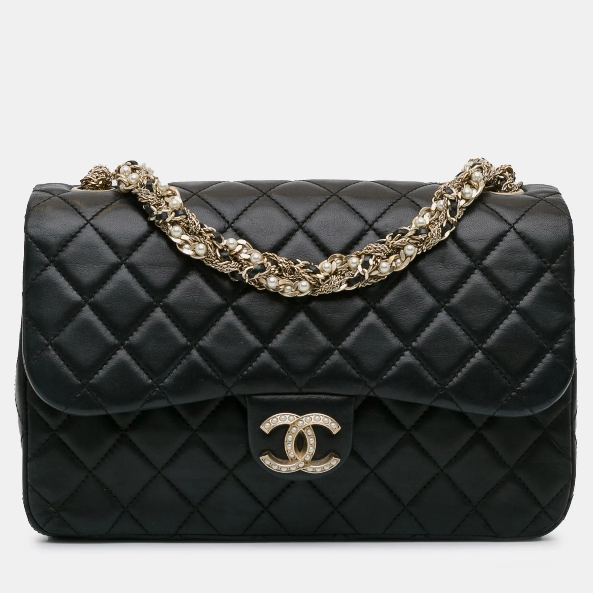 Black Quilted Lambskin Leather Westminster Pearl Flap Bag