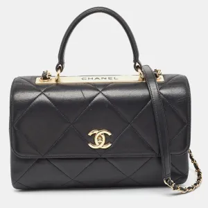 Black Quilted Leather Large Trendy CC Top Handle Bag